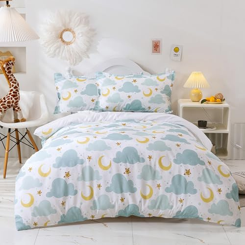 BESTDESIL Kids Duvet Cover Set Full,Soft Microfiber Comforter Cover with Cloud and Moon Pattern,3 Pcs Bedding Set with Zipper and Corner Ties,Full Size