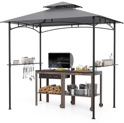 COSTWAY Grillpavillon 242x150cm, Gartenpavillon mit Doppeldach & 2 Seitenregalen & 6 Haken, BBQ Pavillon, Grillüberdachungen wetterfest, Grillunterstand für Hinterhof, Rasen, Terrasse, Pool