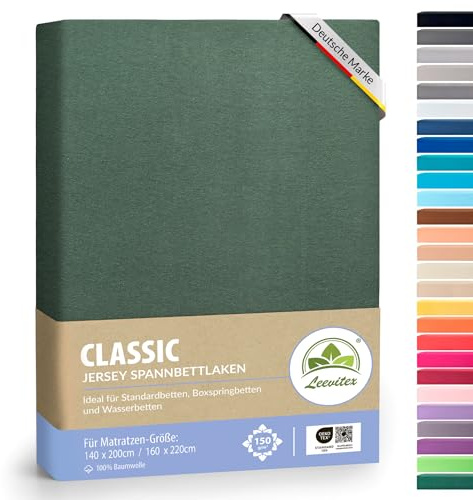 leevitex® Classic Jersey Spannbettlaken 140x200 – 160x220 cm | 150 GSM Baumwolle | Öko-Tex Zertifiziert | für Standard-, Boxspring- und Wasserbetten | 40 cm Steghöhe | 1er Pack | Dunkelgrün
