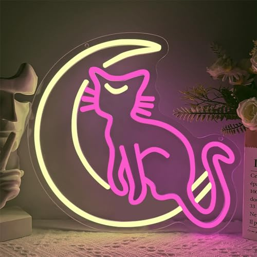 Mond Katze Neon Schild Cat Neon Anime LED Leuchtreklame für Wanddekoration USB Neonlicht für Katze Deko Zuhause Schlafzimmer Geburtstagsfeier Home Kinderzimmer Decor