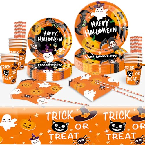 Raveparty 85Pcs Halloween Party Tableware, Halloween Tableware with Plates Cups Napkins Tablecloth Banner for Halloween's Party (C)