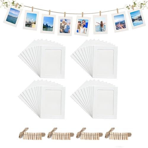 Hexizexi 40 Pièces Cadre Photo Carton 7 Pouces 13.5x18.5 cm Guirlande Photo Blanche Avec 40 Pinces en Bois et 4 Rouleaux pour Anniversaires Mariages et Décoration Murale