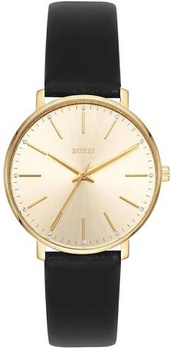 BUREI damklockor mode minimalistiskt analog läder kvarts vattentäta klockor för kvinnor, Guld svart