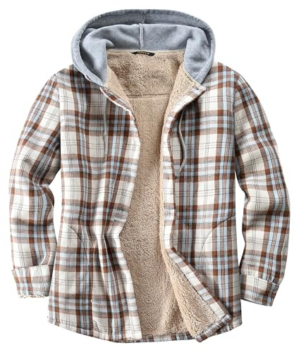 Derbars Women's Sherpa Lined Flannel Shirt Jacket Cotton Plaid Fleece Button Down Jackets with Hood for Women, Brown, XXL