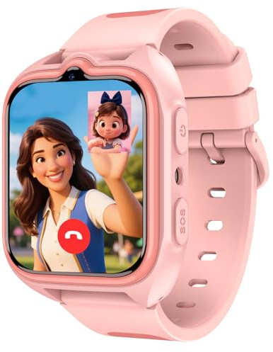 Yxtel 4G Montre Connectée Enfant, Cartes SIM compatibles, GPS, SOS Rapide Appel, Appel Vidéo HD, Chat Vocal, Lampe Poche, Podomètre, Mode École, IP68 étanche, Convient aux garçons et aux Filles, Rose