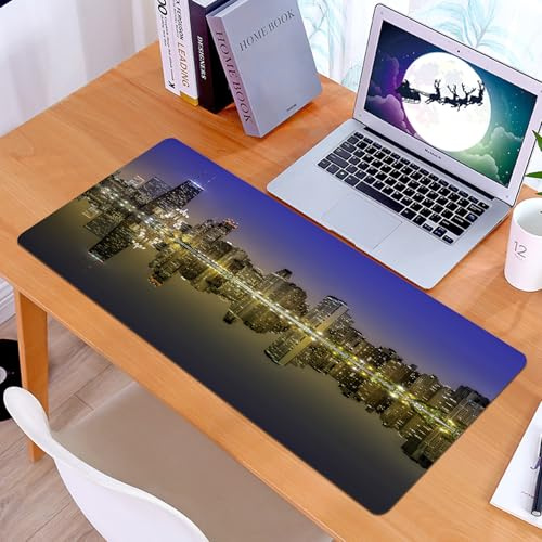 KDWJS Gaming Mauspad XXL 90x40cm Mousepad Groß Vernähte Kanten Anti-Rutsch für PC,Skyline von Chicago, beleuchtete Wolkenkratzer spiegeln Sich im ruhig,Laptop Verbessert Präzision und Geschwindigkeit