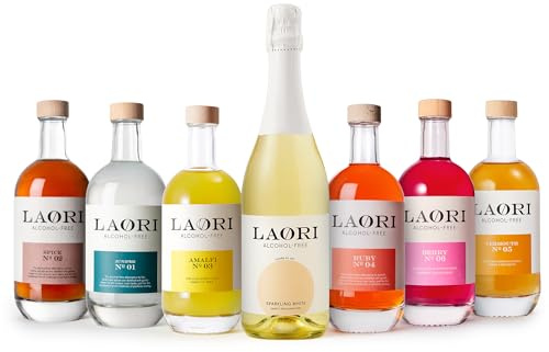 Laori Alkoholfrei Probierset Deluxe [6x 500ml, 1x 750ml] | Großes Probier-Set mit Ruby, Amalfi, Juniper, Spice, Vermouth, Berry & Sparkling White | Premium alkoholfreie Aperitifs & Sekt zum Entdecken