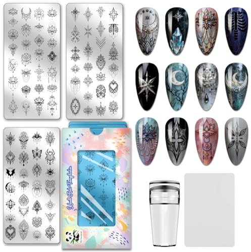 PH PandaHall 3pcs Plaque de Stamping pour Ongles avec Pendentif Chaîne Pochoirs Flamme pour Nail Art Motif Fleur de Lotus Modèles de Nail Art Papillon Gothique Style Vintage pour Manucures Salons