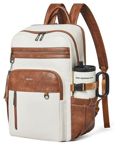 Shrrie Mochila de cuero vegano para portátil para mujer, mochila para 17 pulgadas para trabajo negocios universidad viajes profesora enfermera con bolsillo antirrobo y bolsillo gigante para vasos