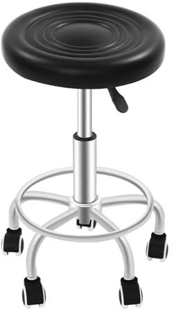 Rullpall, justerbar höjd med hjul – 45–57 cm, 360° roterbar, kontorspall, roterbar, pall, arbetspall, salongpall, vridbar barstol upp till 150 kg, svart snurrstol för frisörsalong, verkstäder