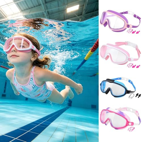Barnsimglasögon Anti-Dim UV-Skydd Bred Sikt Simmask | Med Näsklämma Och Öronproppar Justerbar Rem Läckagefria Pojksimglasögon För Åldrar 3-14, Pojkar Och Flickor, , Inomhus, Sjö,