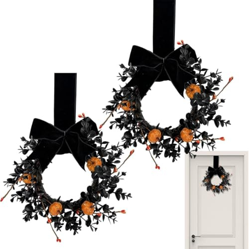 Pumpa Halloweenkrans Gotisk Svart Och Orange Girlang Ornament | Handgjord Dekorativ Dörrkrans För Användning Under Hösten Inomhus Och Utomhus, I Trädgården, På Väggen Och Vid Lantliga