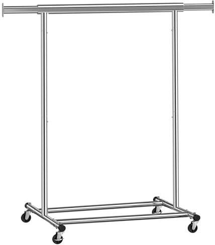 SONGMICS Burro Ropa con Ruedas, Perchero Burro Extensible con Carga Pesada, Capacidad de Carga Máx. de 100 kg, 45 x (92-132) x 161,5 cm, Fácil de Montar, Portátil, Plata HSR13S