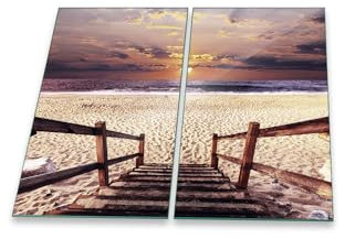 decorwelt | Herdabdeckplatten 2x30x52 cm Ceranfeldabdeckung 2-Teilig Universal Elektroherd Induktion für Kochplatten Herdschutz Deko Schneidebrett Sicherheitsglas Spritzschutz Glas Strand