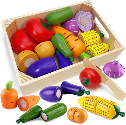 Airlab Wooden Play Food for Kids Kitchen Toys for Toddlers Cutting Fruits and Veg Toys Food Set Pretend Play Kitchen Accessories Chopping Vegetables for Boys Girls Educational Learning Toys