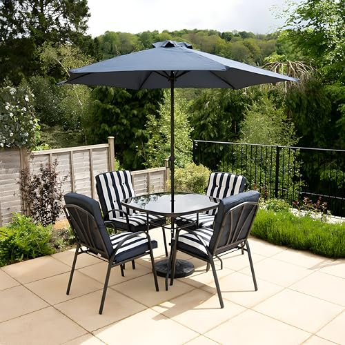 Hectare 4 Seater Metal Garden Furniture Outdoor Dining Set with Table and Parasol in Navy and White Stripe
