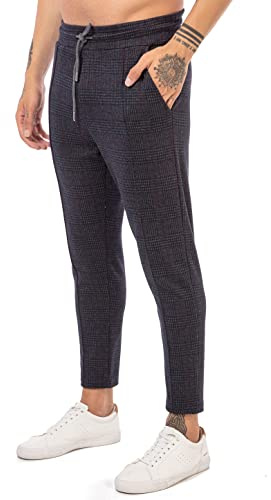 Redbridge Chino-byxor för män, fritidsbyxor, rutiga med elastiskt midjeband, joggingbyxor, lediga, Mörkgrå, L