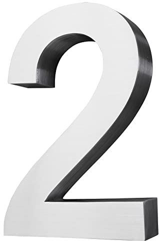 V2A0x Hausnummer aus Edelstahl 2, 3D Arial, 20 cm groß, Hausnummern aus gebürstetem Stahl, inklusive Montagematerial, Hausnummer/Ausführung:2 / 3D
