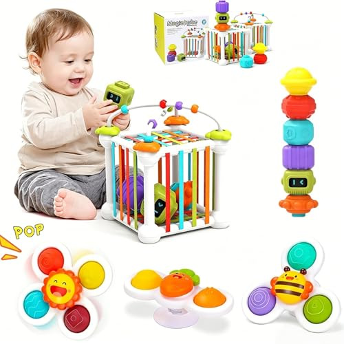 Jokooan Montessori Juguetes para Bebés (12 Piezas), Cubos de Habilidades Motoras, Juegos Educativos Juguetes para Niños Juego de Clasificación de Formas, con 3 Trompos y 6 Formas Multisensoriales