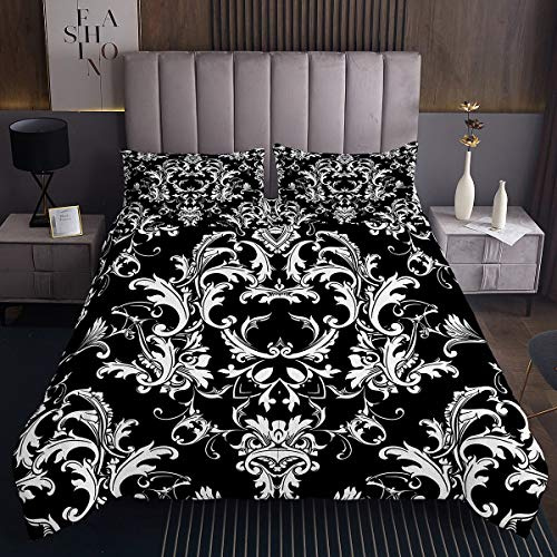 Loussiesd Mädchen Damast Aufbringen Steppdecke Boho Damast Tagesdecke 220x240cm für Frauen Erwachsene Schwarz Weiß Barock Stil Bettüberwurf Europäisches Aufbringen