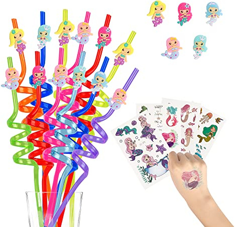 Cannucce riutilizzabili motivi dinosauro sirena unicorno arcobaleno | Set 12 cannucce plastica, 4 tatuaggi temporanei e 1 spazzola pulizia, perfetto per feste per bambini，feste compleanno