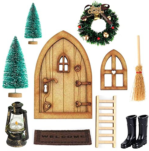 Flyftrey Miniatur-Wichteltür Weihnachten Set, Nissedor Wichteltür mit 9 Zubehör, Klassische Weihnachtsdeko für Kinder und Erwachsene