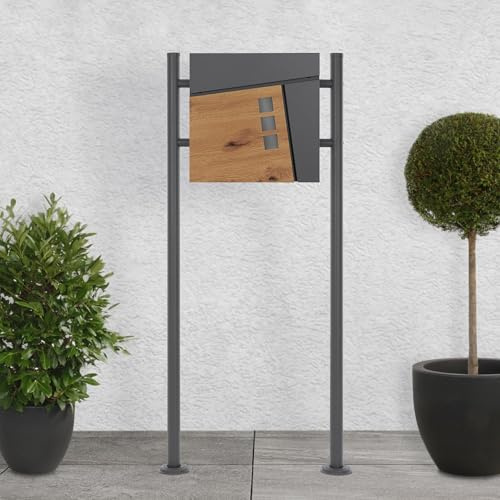 ECD Germany Standbriefkasten mit Zeitungsfach, Design Briefkasten mit Pfosten, Briefkastenanlage, Briefkastenständer Anthrazit 120cm Edelstahl pulverbeschichtet, Postkasten Anthrazit-Holzoptik Stahl