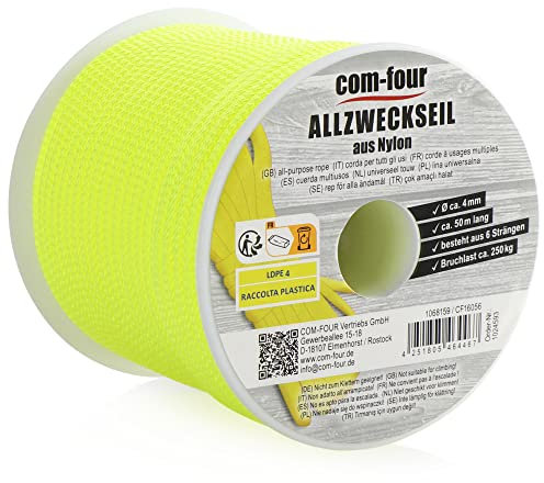 com-four® Paracord Schnur Ø 4mm, 50m - Seil mit 6 Kern Strängen für Boot, Camping, Outdoor - Nylonseil mit 250kg Tragkraft - Zeltseil, Abspannseil, Allzweckseil