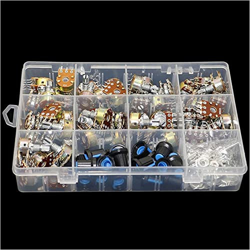AOHRO Potentiometer 45 Stück Wh148 Dual Gang Stereo 6-Pin-Potentiometer-Kit 1k 5k 10k 20k 50k 100k 250k 500k 1M mit Knöpfen Einzelwellenmuttern + Box