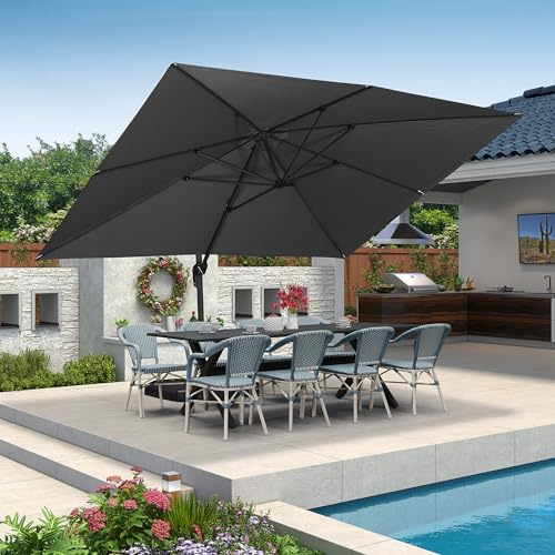 PURPLE LEAF Sombrilla Terraza Exterior 3 x 4 m, Sombrilla Jardin Grande con 8 Varillas de Aluminio, Tejido 240 g/m2 Protección UV 50+, Manivela, 5 Ajustes de Inclinación y Rotación 360°, Gris
