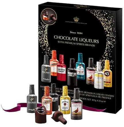 Liqueur Chocolates Gift Box for Gifts - Luxury 8 Miniature Dark Chocolate Bottles Selection 125g with Topline Card. Chocolate Gifts for Stocking Fillers, Christmas Gifts for Women