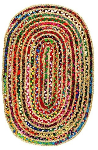 Jaipur Art And Craft Teppich aus natürlicher Jute-Baumwolle, handgefertigt, Mehrfarbig, wendbar, Chindi, geflochten, Teppichgröße – (6x9 Quadratfuß), (72x108 Zoll), (180x270 cm)