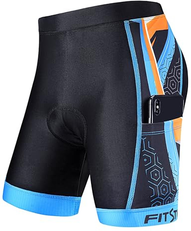 FitsT4 Sports Kids Cycling Bike Shorts Boys Girls Printed Biking Shorts Padded Youth Triathlon Shorts with Pockets Blue Orange Size M