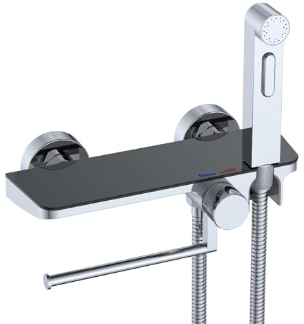 Douchette design WC/bidet avec étagère et porte-rouleau - Kit complet avec mitigeur en saillie avec valve G1/2, plateau intégré et porte-rouleau de papier toilette