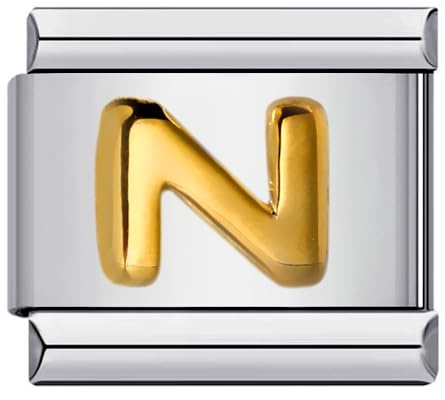 Mon & Sons M&S AZ Lettre initiale de l'alphabet Doré Argent Breloque italienne 9 mm Compatible avec le bracelet de nomination (N)