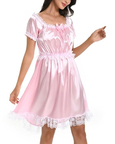 Satini Sissy Satin Lacy Maid Nightdress | Matching Bow, Elasticated Overbust & Waist, Lace Trim, Full Flared Skirt, Sizes S-XXL
