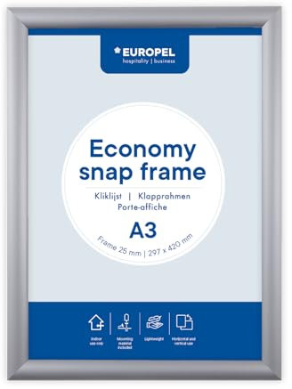 Europel Cadre clipsable Economy, A3, couleur argent, Profil 25x11mm, pour affiche de 29,7x42 cm, en aluminium anodisé, film anti-reflet, affichage de publicités, hôtel, bureau, restaurant, menus