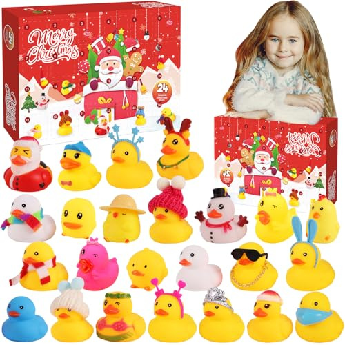 Gummi Enten Adventskalender 2025 Adventskalender Enten Weihnachts Countdown Kalender mit 24 Verschiedenen Gummi Badeenten Quetschspielzeug zum Stressabbau Weihnachten Kalender Box für Kinder