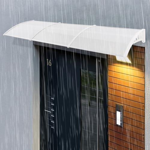 Marquesina para puerta de casa, 300 x 90 cm, con protección UV, para balcones, techos, patios, garajes, terrazas, porches (transparente y blanco)