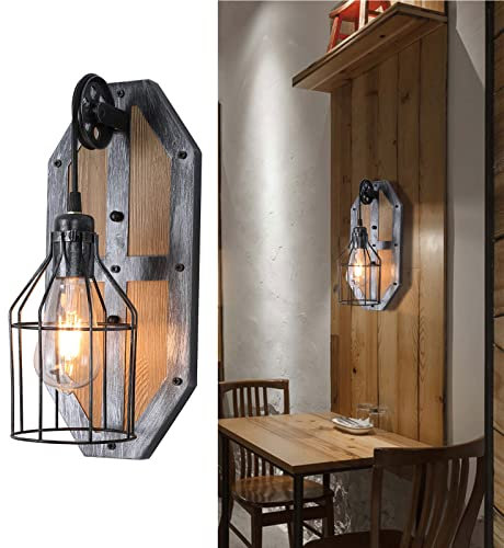 VonVVer Retro Wandlampe Holz 40W Wandleuchten E27 Glas Wand Lampe Industrial Metall Wandlampe Vintage Steampunk Lampe Deko für Restaurant Kaffee Flur