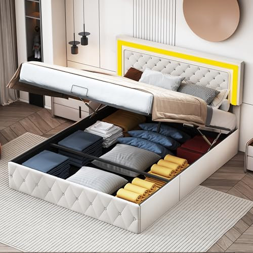 RWUDV Polsterbett 140 x 200 cm, Hydraulisch Doppelbett mit LED Kopfteil und Lattenrost, LED Bettgestell aus Massivholz und Samt, Stauraumbett Funktionsbett Gepolstertes Bett, ohne Matratze, Beige