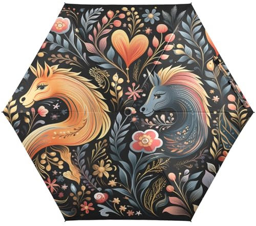 KAAVIYO Pferde Herzen Muster Kunst Regenschirm UV-Schutz Taschenschirm Umbrella Klein Leicht Schirm Kompakt Schirme für Mädchen Reise Strand Frauen