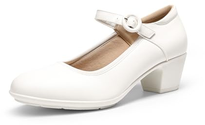 DREAM PAIRS Mary Jane Shoes Women Low Chunky Heels Closed Toe Pumps Comfortable Work Business Dress Shoes,Size 7.5,White,DWUMPU2549