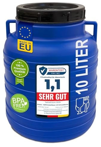 Plasteo baril à large ouverture avec couvercle à visser et poignée, en plastique universel, alimentaire, fût à eau, baril de pluie, de stockage (10 litres, rond, bleu)