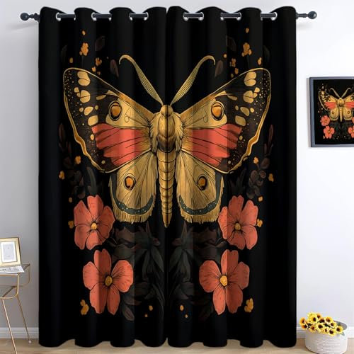 Bedruckte Verdunkelungsvorhänge mit Ösen Schwarz, Dunkler Retro Schmetterling Blume Motte Blickdicht Thermo Isoliert Vorhänge, Privatsphäre Gardinen für Schlafzimmer Wohnzimmer H245 x B280 cm