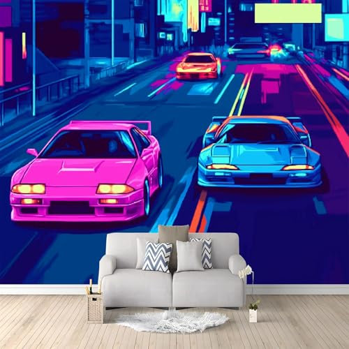 Wall Mural Retro Gaming Street Racing Scene Print Photo Wallpaper, 200 x 140 cm (WxH) Non-Woven Poster Picture Design Game Mural for Home Living Bedroom Children Room Decoration,