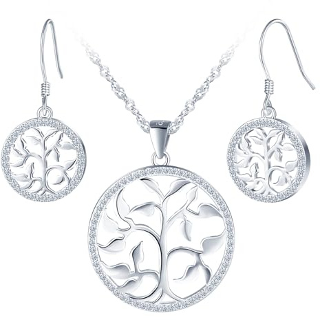 Yumilok 925 Sterling Silver Necklaces for Women Zirconia Tree of Life Necklace Jewelry Set for Women Silver Necklace Silver Stud Earrings