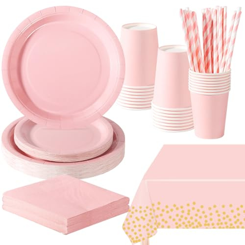 PYAILI Morandi Rosa Partygeschirr, 121 Stück Pappteller Sets 24 Guests | Party Pappteller Becher Servietten Partyteller Partyset Süße Party, für Feste und Feiern wie Geburtstag