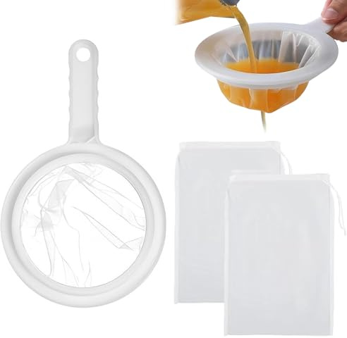 1PCS Ultra Fine Mesh Strainer, 200 Mesh Reusable Kitchen Sieve with Non Slip Handle, with 2PCS 30x20cm Drawstring Filter Bags, Nylon Strainer Ideal for Coffee Yogurt Milk Spices Juice Jam Straining