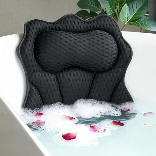 Joeyset Luxury Bathtub Pillow, 4D Air Mesh Fabric for Breathability & Quick-Drying, Extra Thick Spa Cushion for Head, Neck, Back Support, Non-Slip Tub Pillow with Strong Suction Cups (Black)